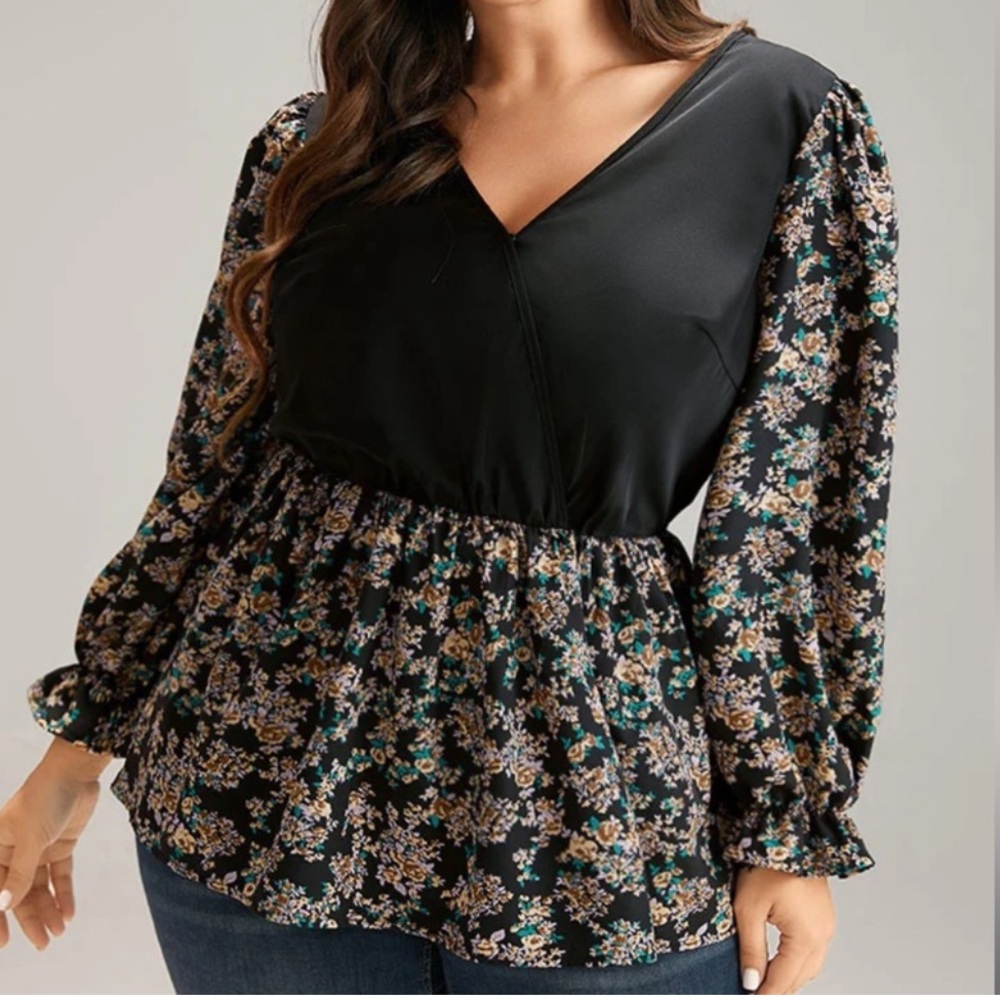 BloomChic Ditsy Floral Patchwork Elastic Waist Blouse Black / 22-24 / 3X